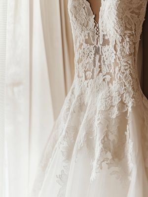Detailed close-up of delicate lace pattern on white wedding dress bodice.