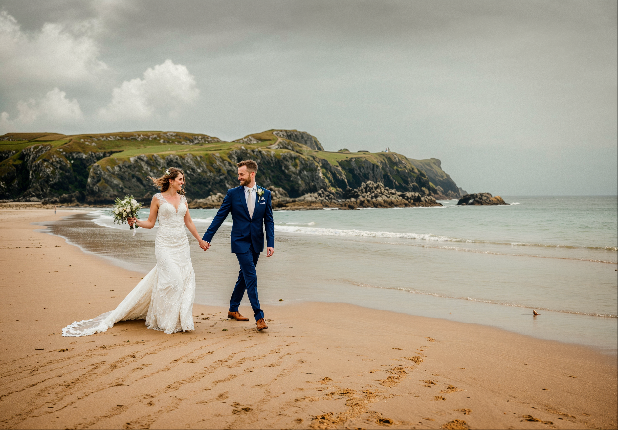Scenic coastal wedding photos showing couple celebrating on sandy beach with dramatic cliffs and ocean views.