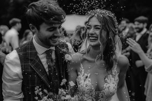 Black and white photo of joyful wedding couple being showered with confetti.