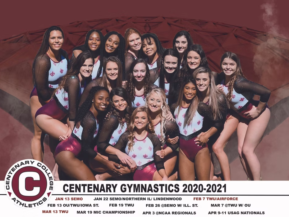 Group of collegiate gymnasts pose together on red bleachers wearing team uniforms and warm-up attire.