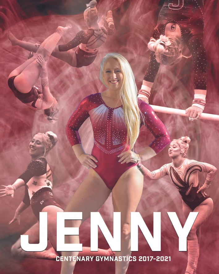 Athletic figure in red gymnastics leotard strikes powerful pose amidst dramatic red smoke and dynamic collage background.