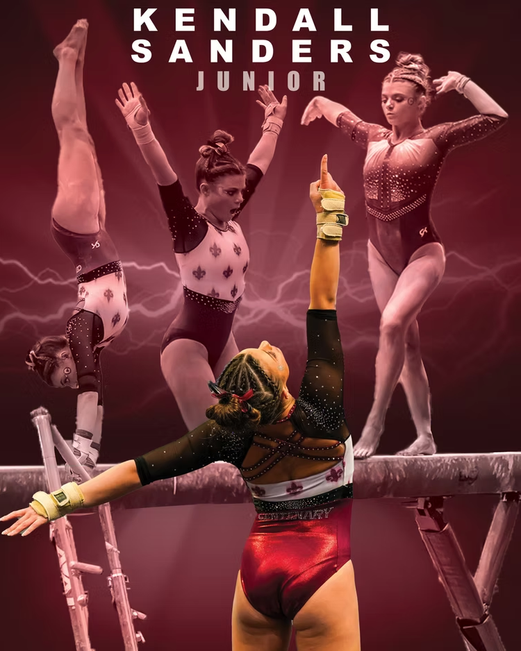 Professional gymnasts perform dynamic poses in red-tinted lighting on balance beams and floor exercises.