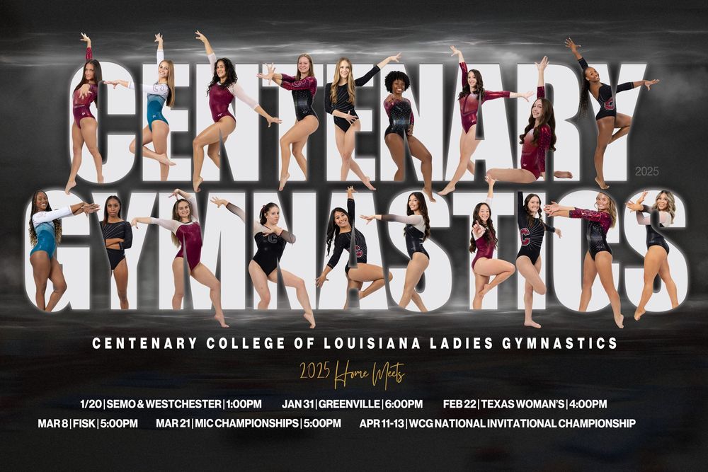 Typography design featuring acrobatic poses spelling out 'Centenary Gymnastics' with grey textured background.