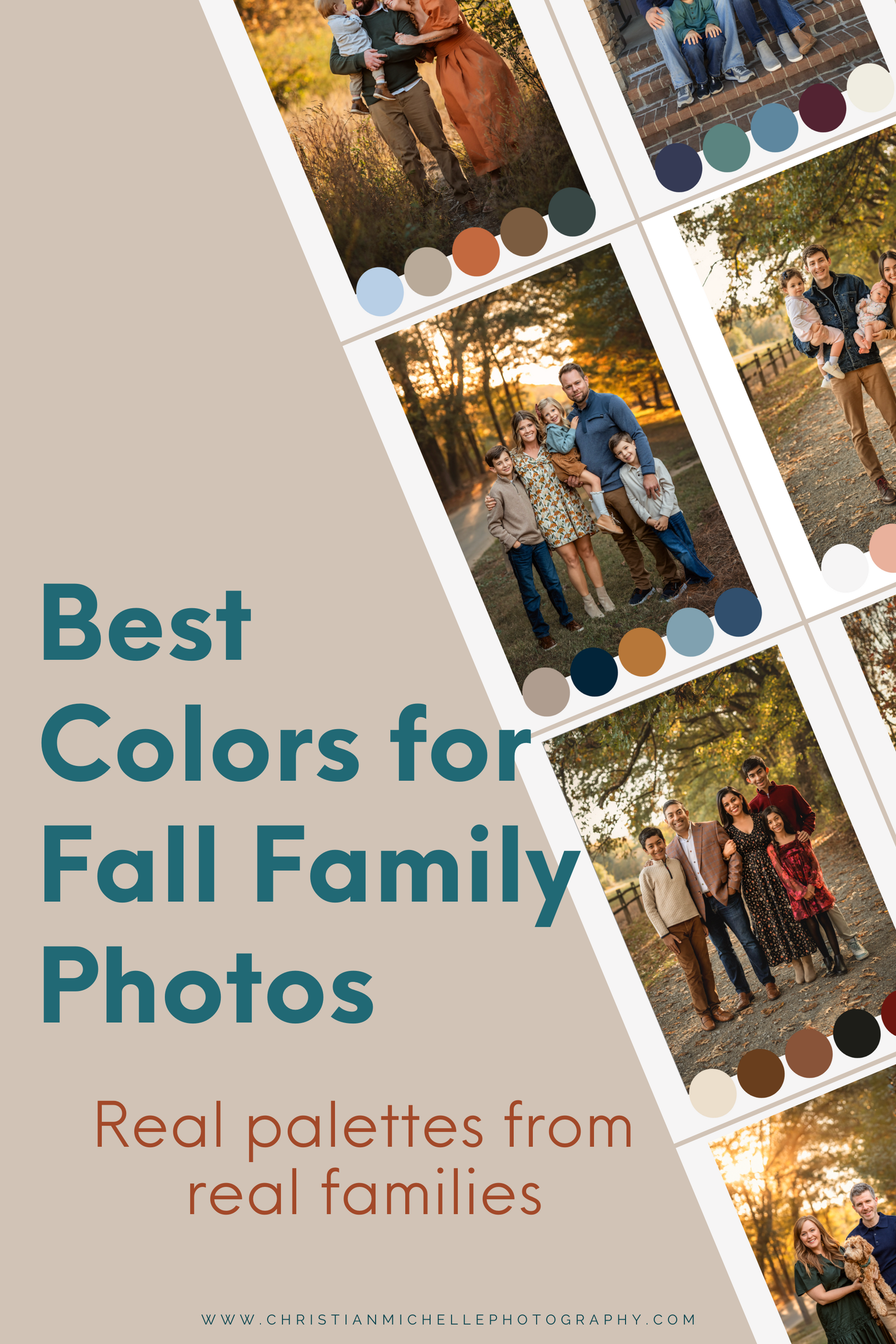 A collage of outdoor family photos with color palette suggestions showing coordinated autumn outfits for pinning to Pinterest.