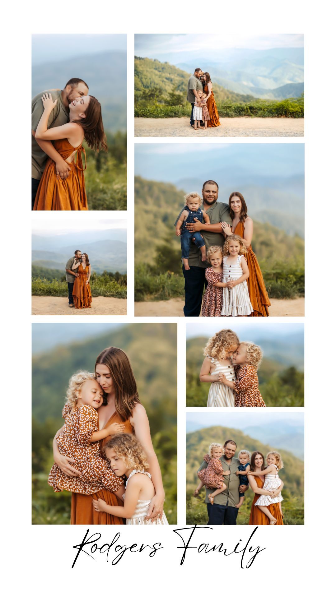 Family of five smiling and hugging in a collage of Foothills Parkway photos