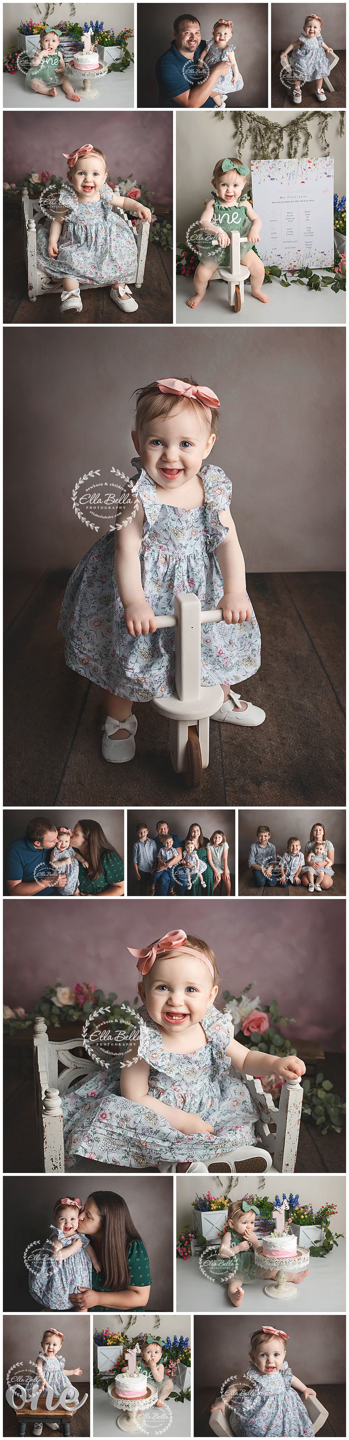 Professional first birthday photoshoot with floral dress, vintage props, cake smash setup and family portraits in soft lighting.