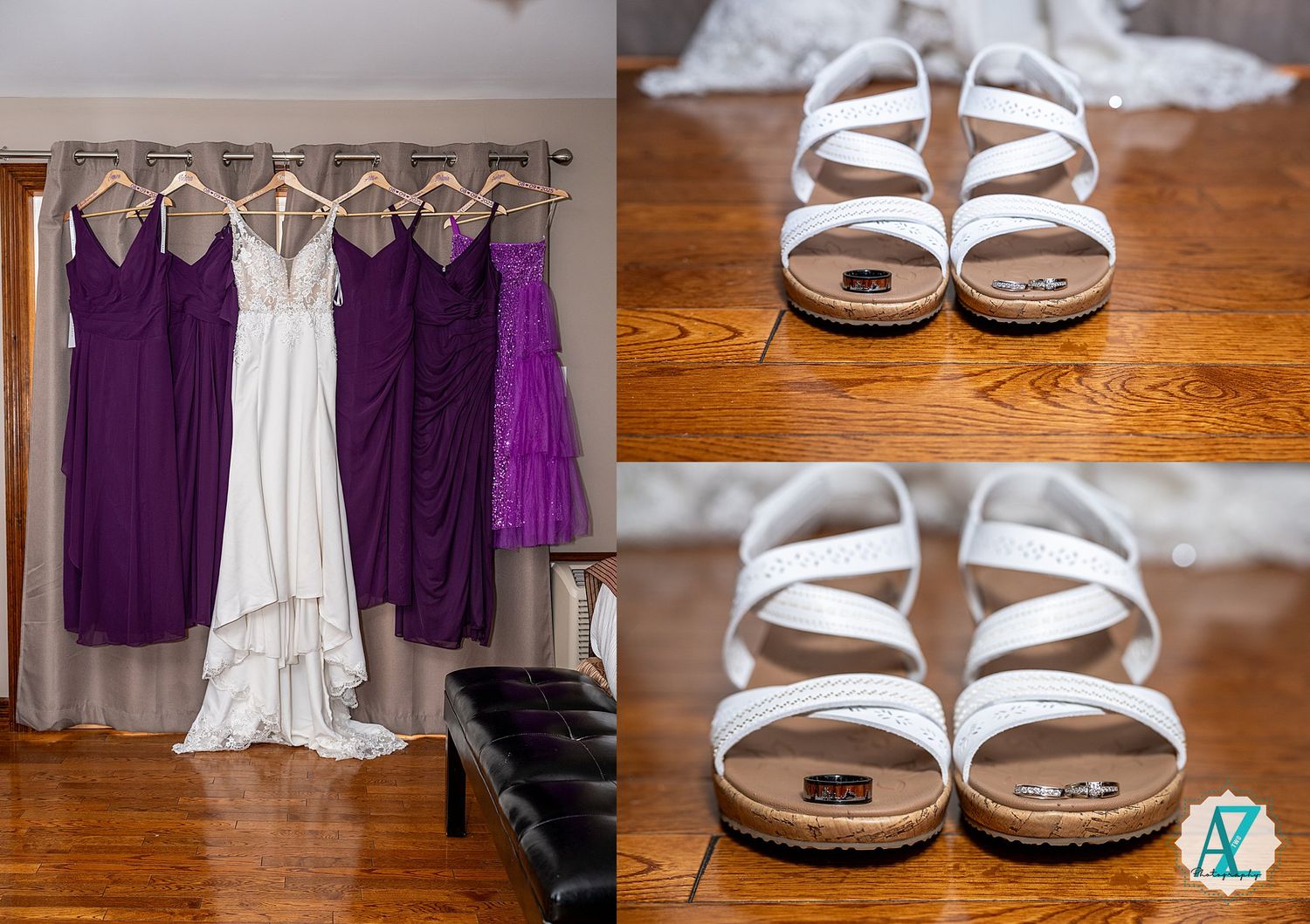 Wedding dresses in purple and white hang from wooden hangers next to a pair of white strappy sandals on hardwood floor.