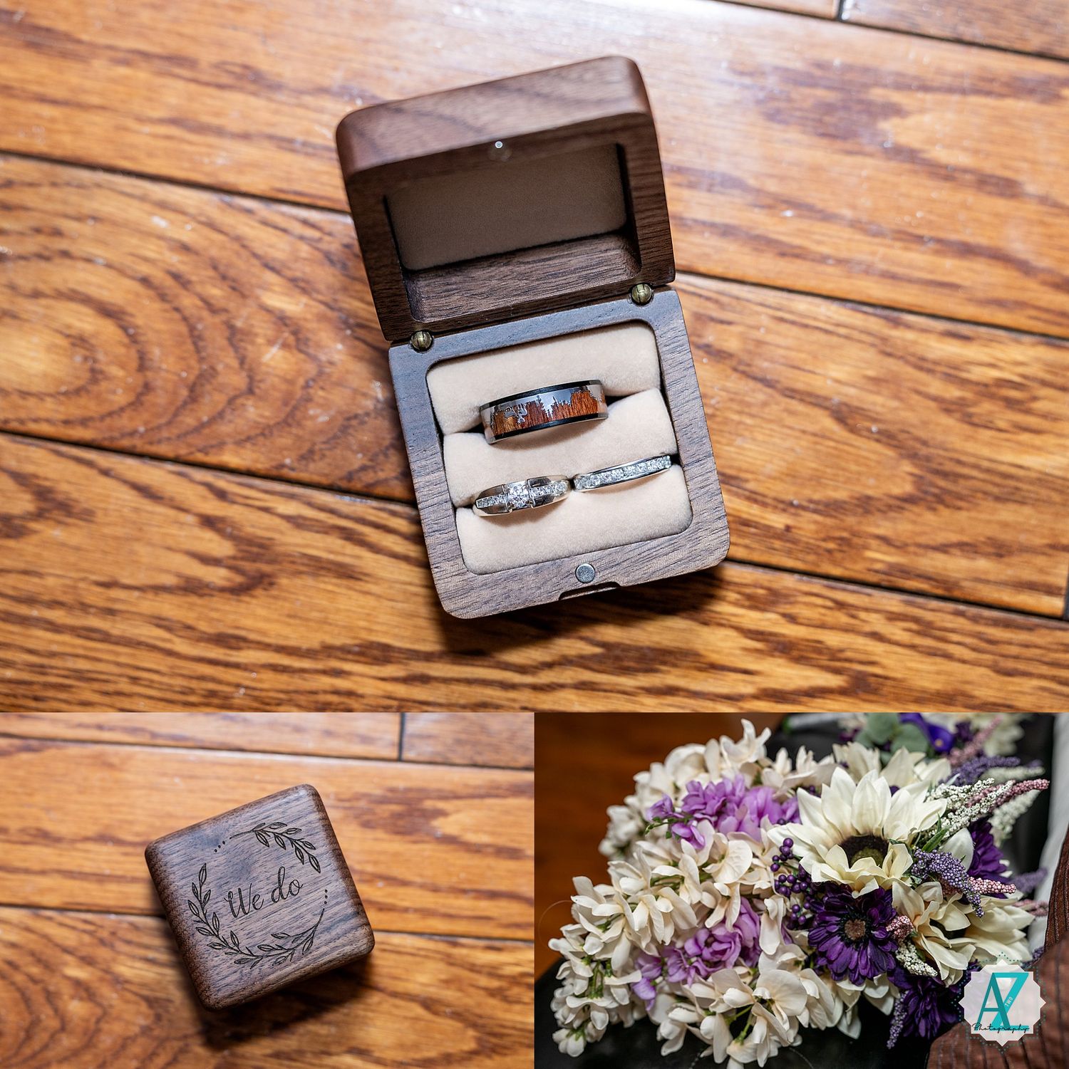 Sequence of rustic wedding ring box photos with purple and white flower arrangements on wooden surface.