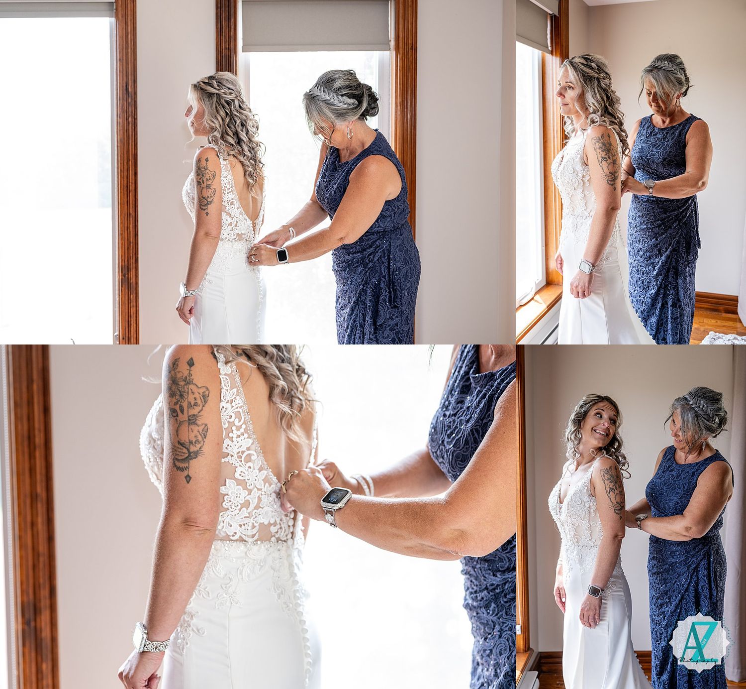 A collage showing moments of wedding dress preparation and adjustments in a bright interior setting.