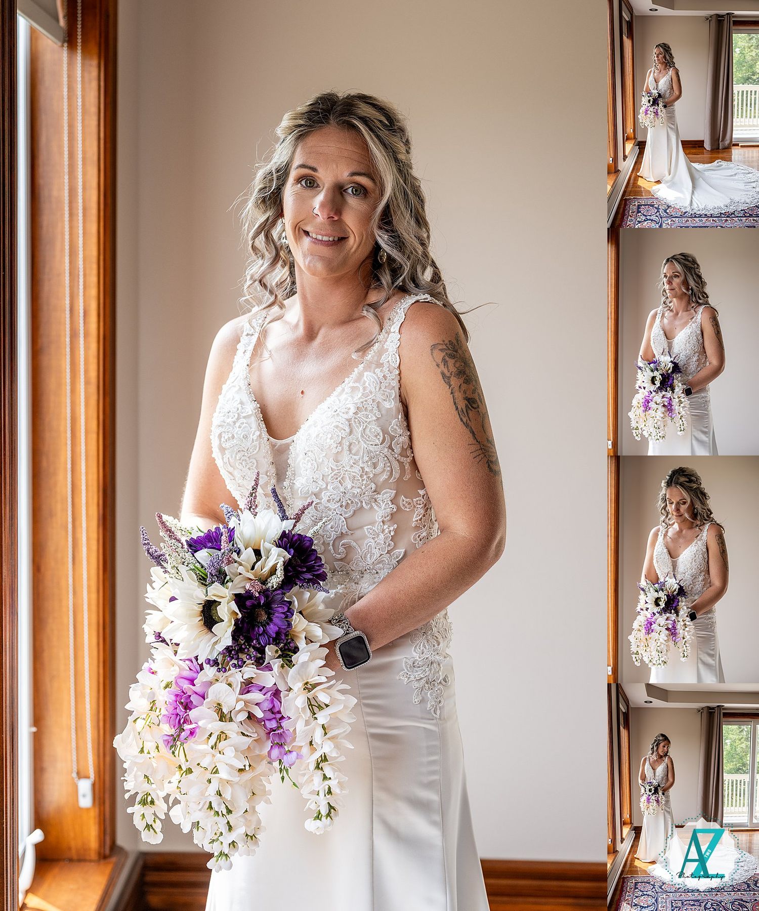 A person in a white lace wedding gown holds a cascading purple and white floral bouquet near a window.