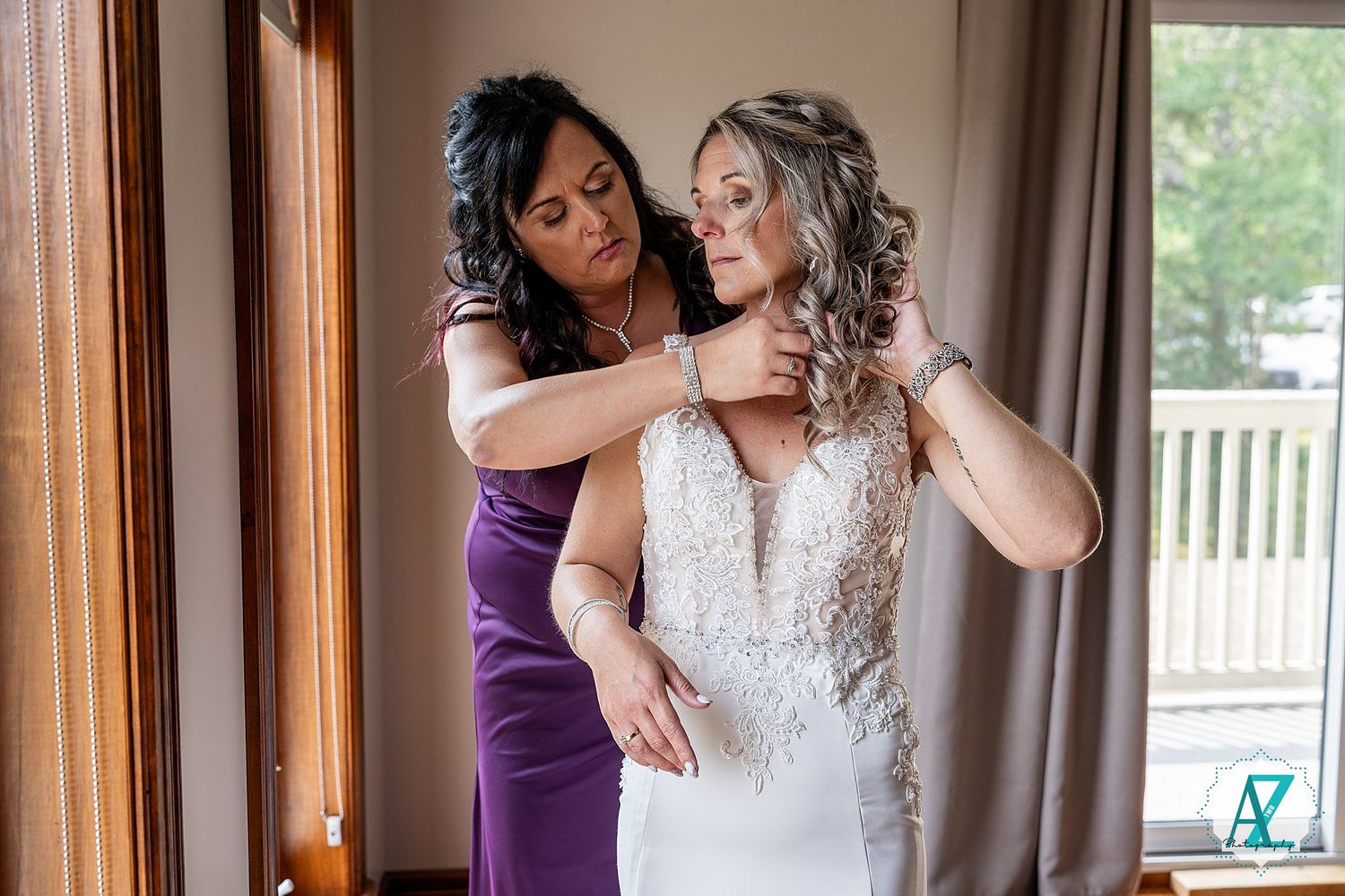 A sequence of wedding preparation photos showing a white lace dress being fitted in a sunlit room.
