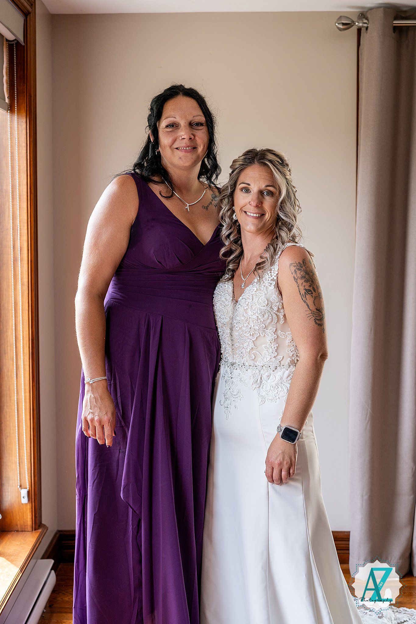 Three progressive photos show a bridesmaid in a purple dress helping with wedding preparations in an indoor setting.