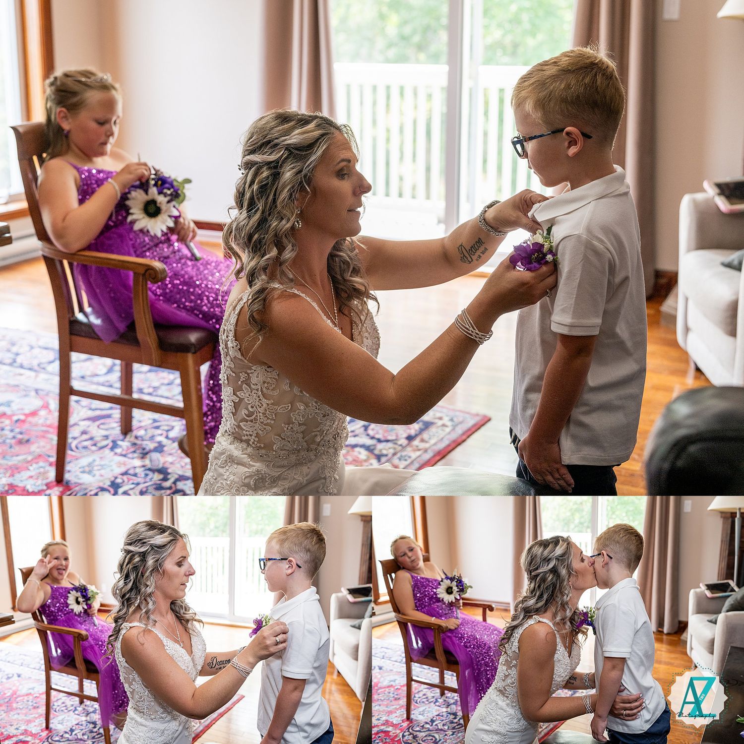 Woman in purple dress shares sweet wedding cake bites in series of candid moments at reception.