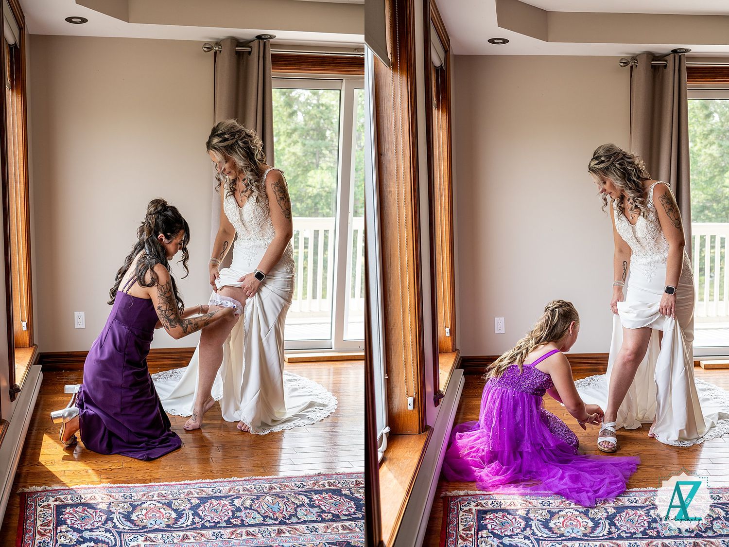 Two women in formal dresses during wedding preparations on a patterned rug in a sunlit room.