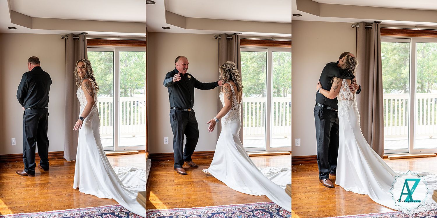 Three sequential wedding photos show an emotional first look moment between two people in an elegant indoor venue.