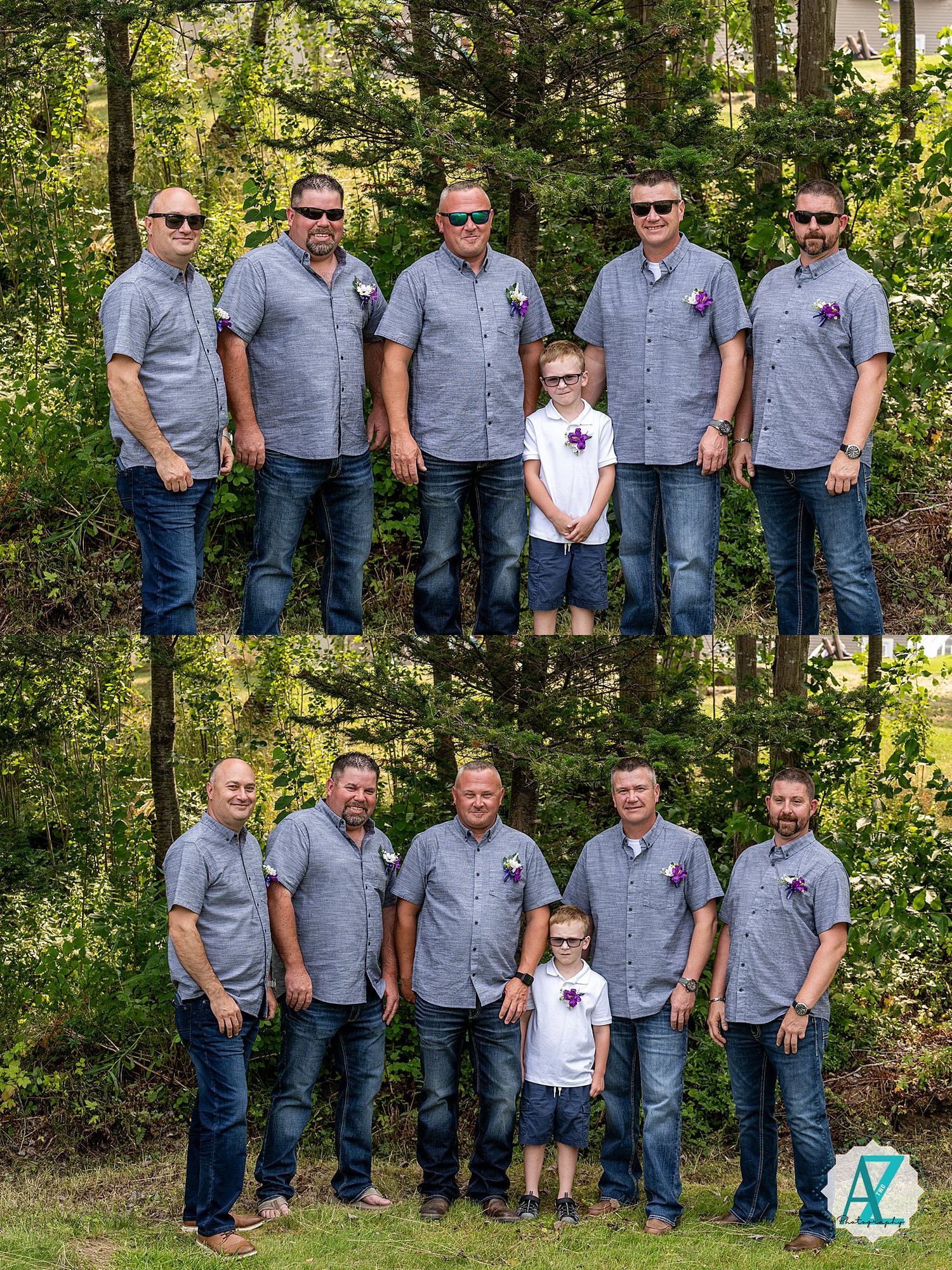 A group wearing matching gray button-down shirts and jeans pose together in a wooded outdoor setting.