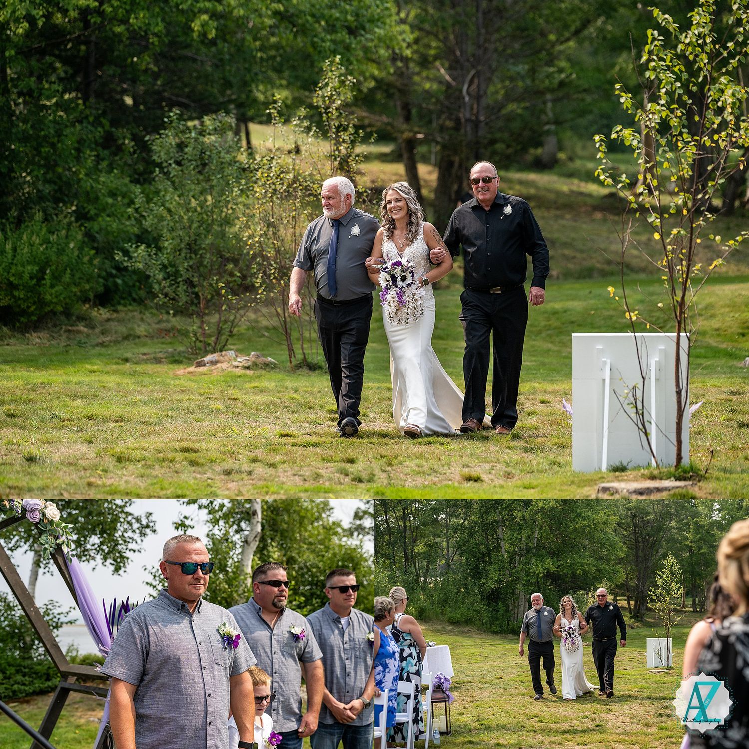 Wedding party walks through a scenic garden path on a sunny summer day with white decorative pillars.