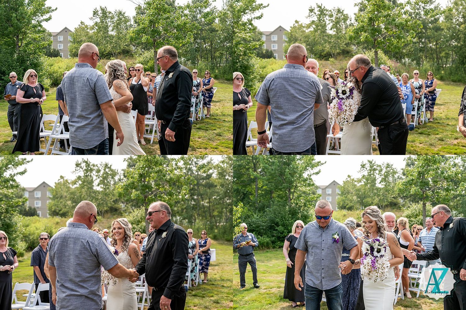 Wedding ceremony guests gather outdoors in a natural setting surrounded by greenery.