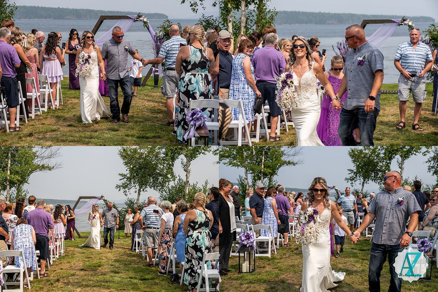 Wedding celebration panorama showing guests seated outdoors with water view and natural landscaping.