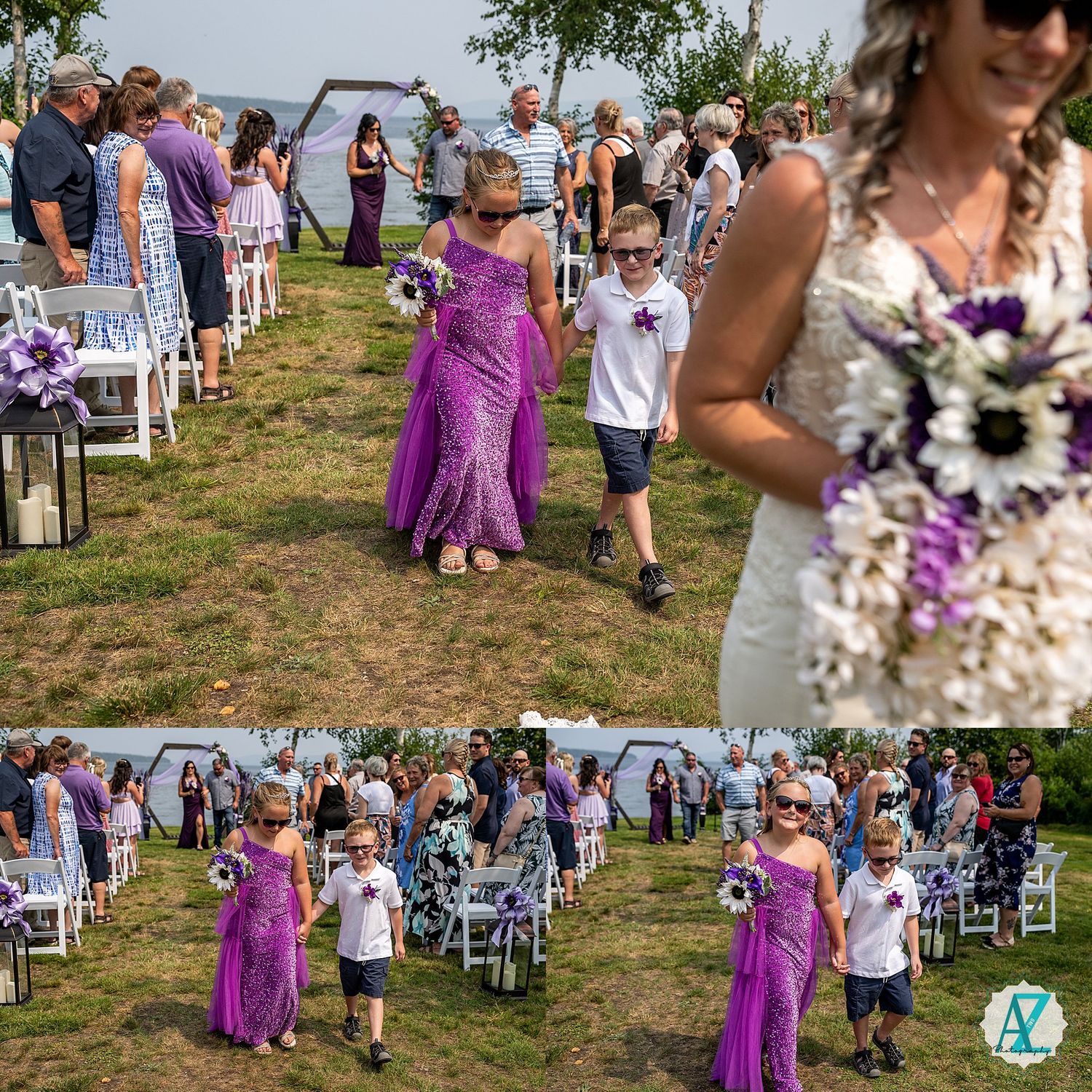 Wedding guests celebrating outdoors with purple bridesmaid dresses and white chairs set up on the lawn.