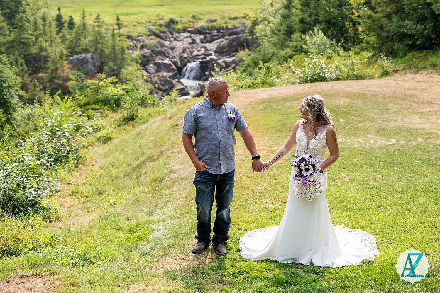 A series of wedding photography snapshots showing a couple celebrating in a lush outdoor meadow and forest setting.