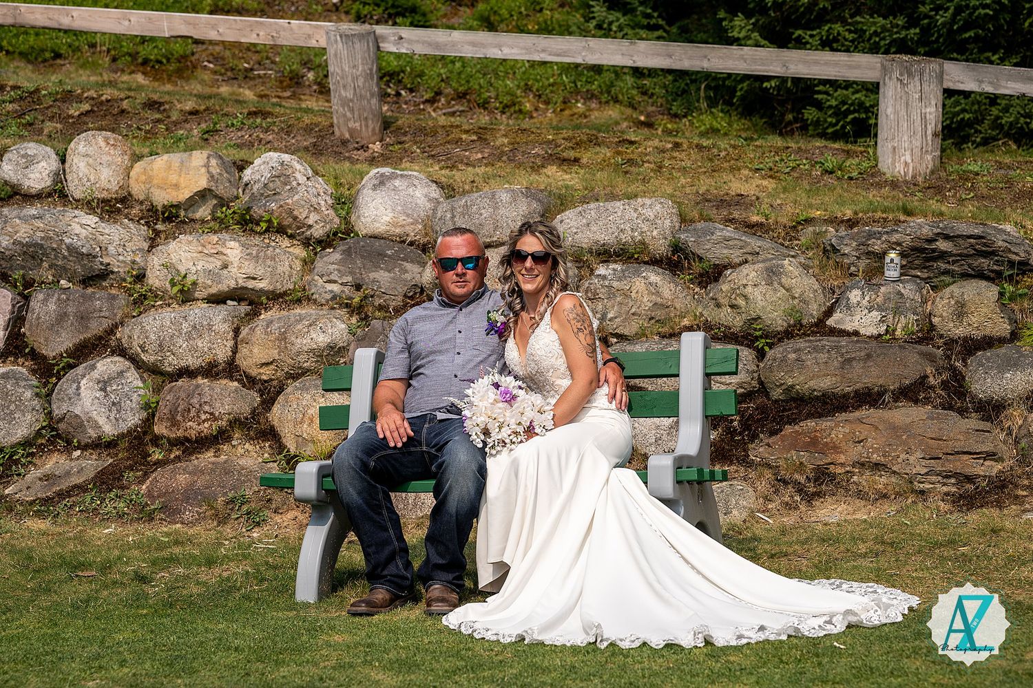 Wedding couple poses outdoors on stone wall in garden creating sequence of romantic photos.
