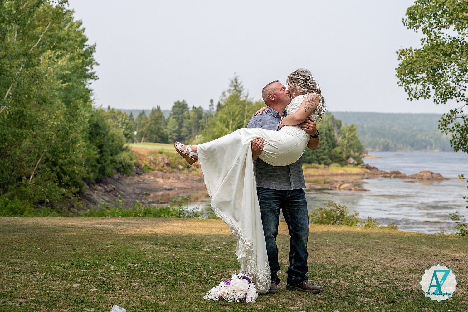Six connected images show scenic lakeside moments from a wedding celebration in a natural outdoor setting.