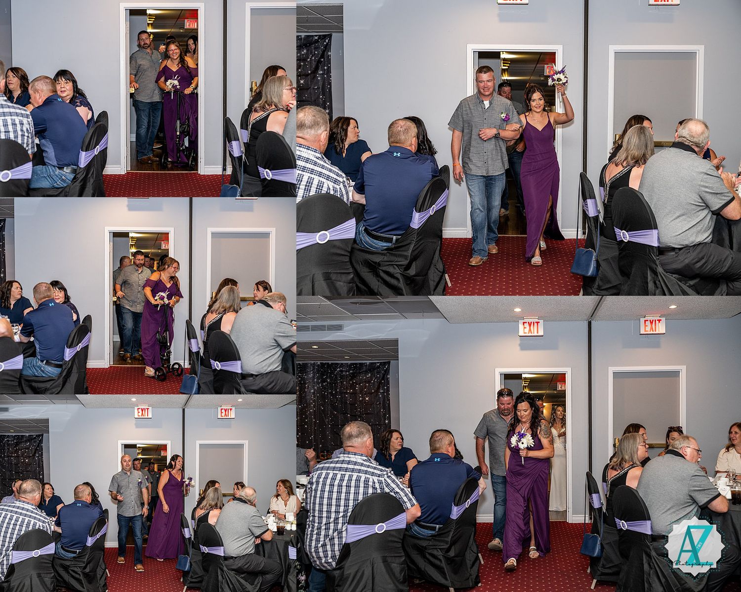 A collage of candid social interactions at an indoor event showing people gathered in small groups by doorways.