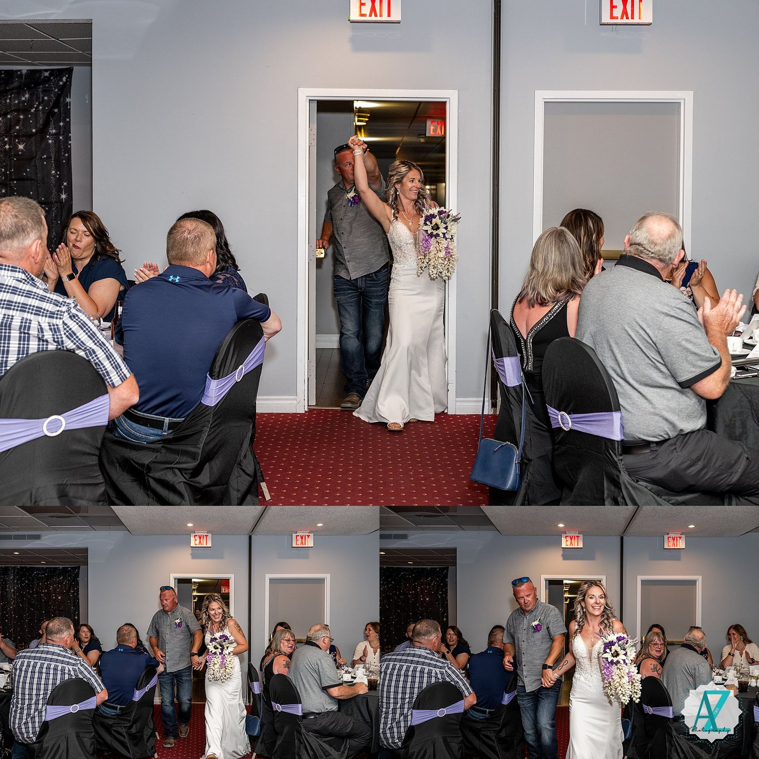 Wedding guests in a venue watch as a couple enters through a doorway framed with exit signs above.