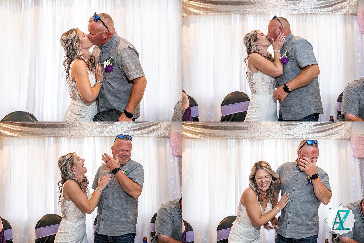A couple embraces and shares tender moments in a sequence of romantic photos against a white curtained backdrop.
