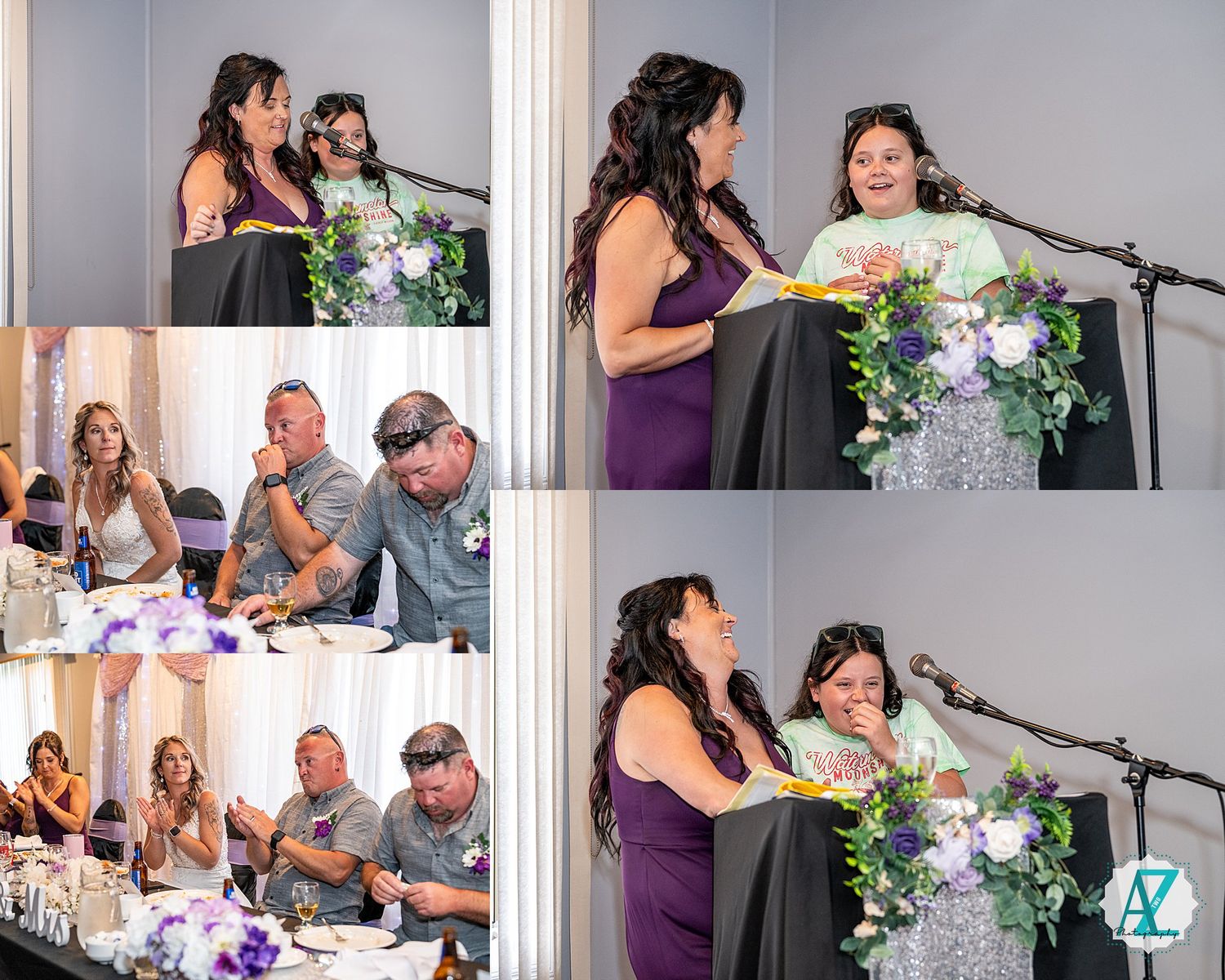 Wedding reception collage showing speeches at a head table decorated with purple and white floral arrangements.