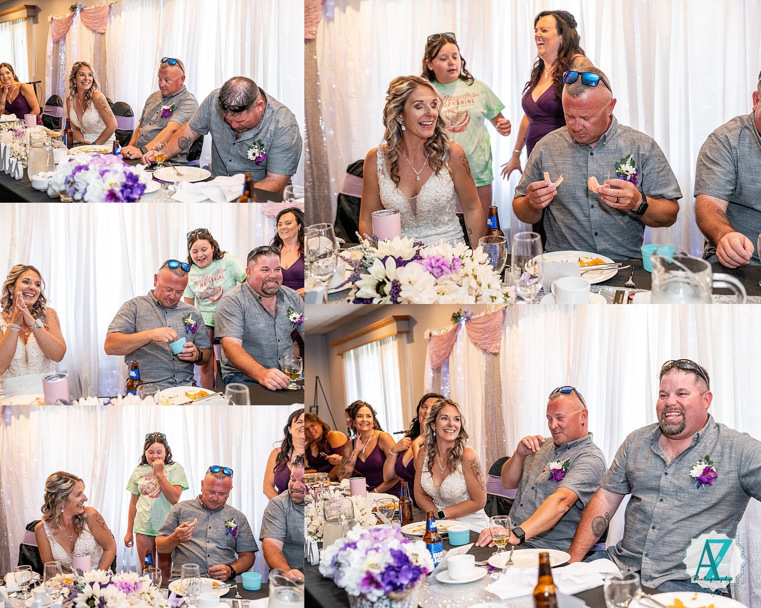 Wedding reception guests share laughs at tables decorated with floral centerpieces and pink curtains.