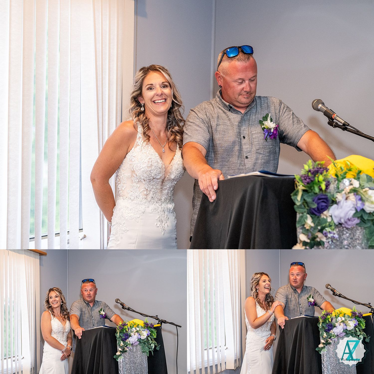 A wedding celebration shows joyful moments captured in a three-photo collage with floral decorations and a microphone setup.