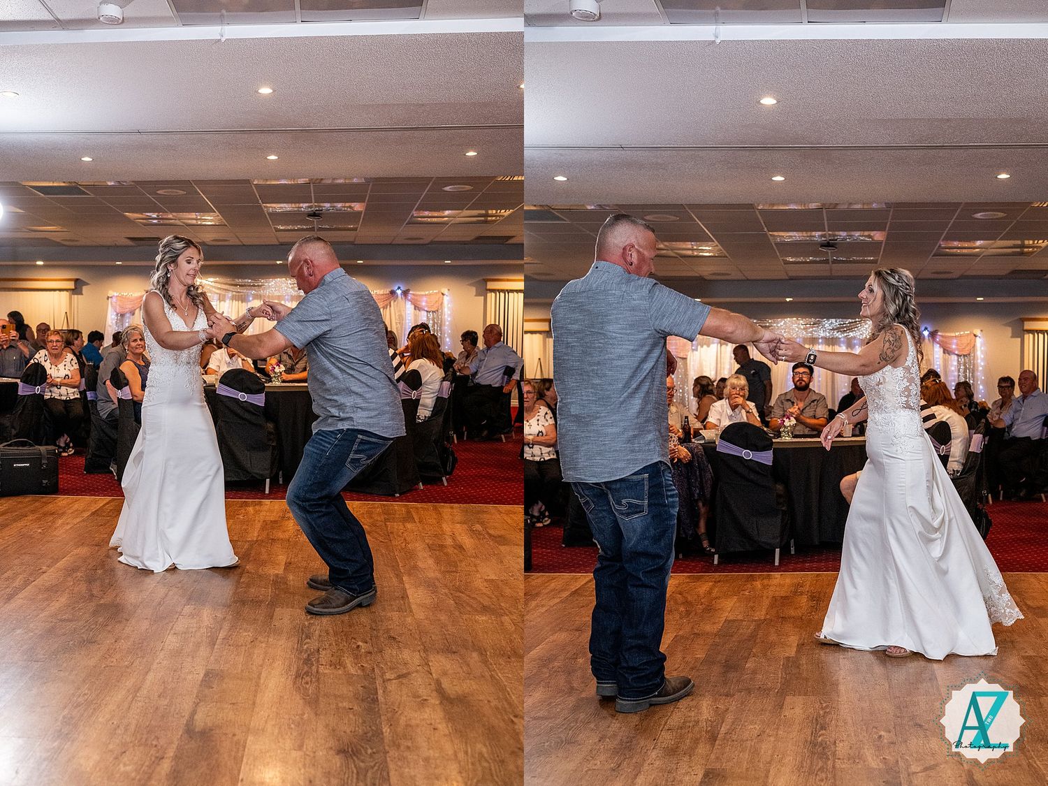 Guests dancing together in pairs on a wooden dance floor during a festive wedding reception celebration.