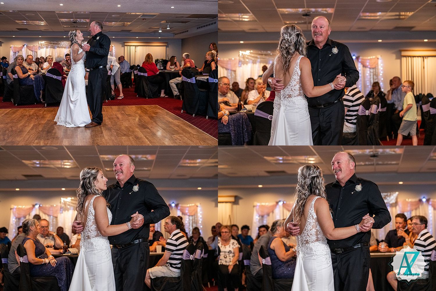A couple performs their first dance at a wedding reception while guests watch from their tables.