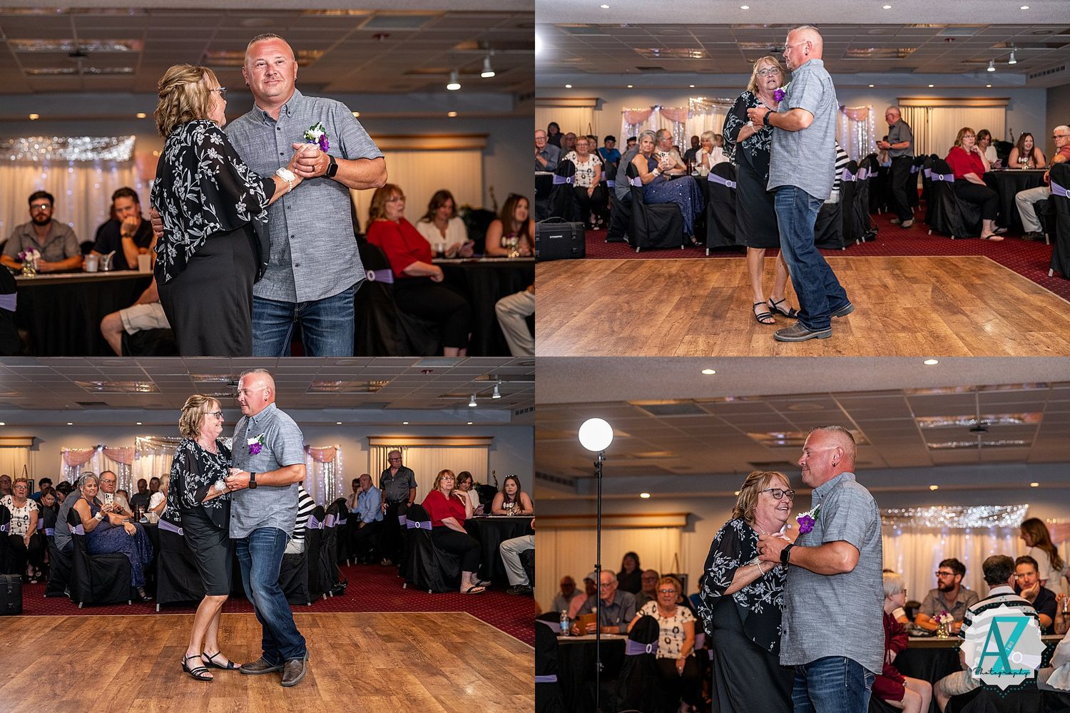 Couples dancing together on a wooden dance floor at an indoor venue while others watch from tables in the background.