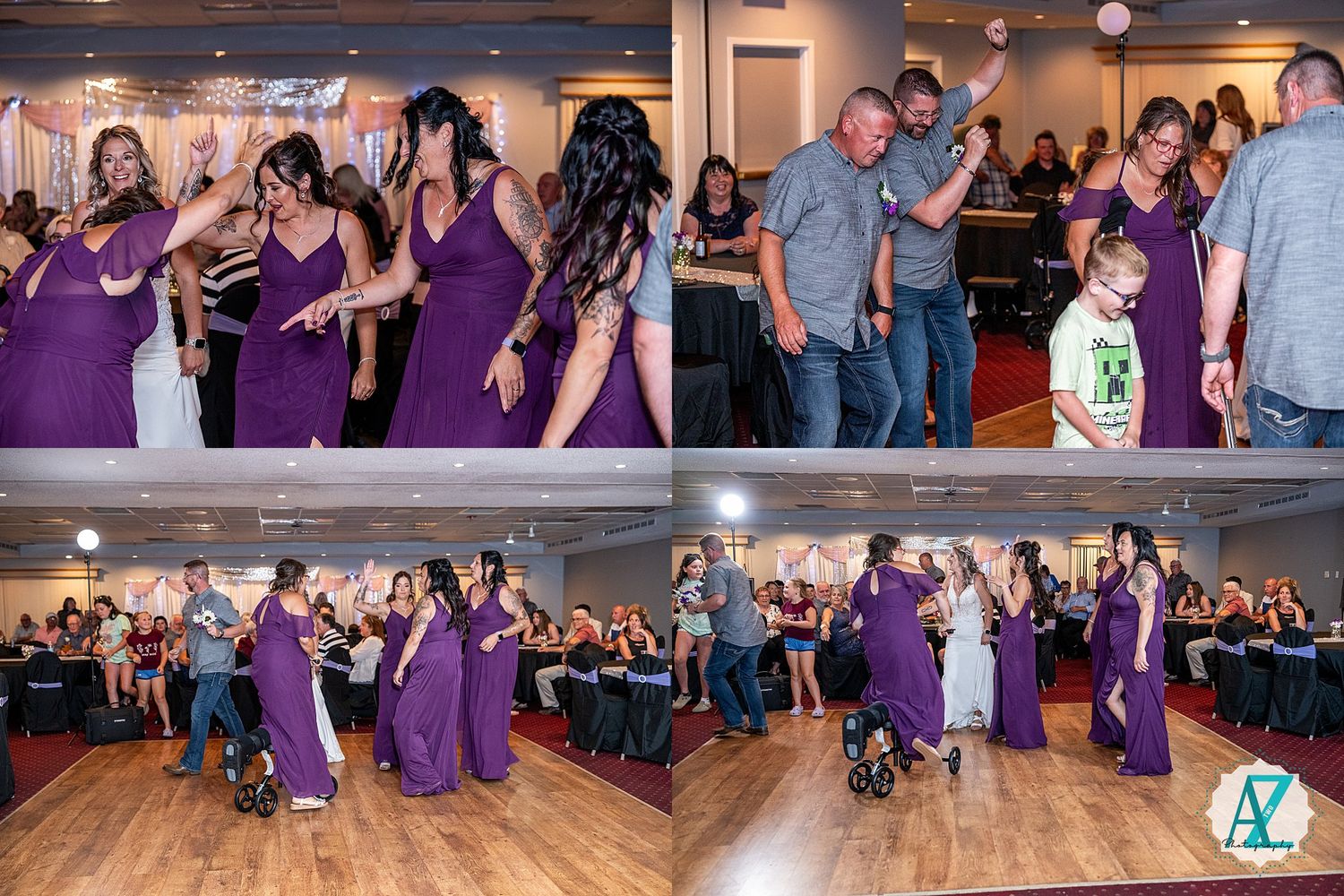 Bridesmaids in purple dresses dancing together on a wooden floor at a wedding reception celebration.