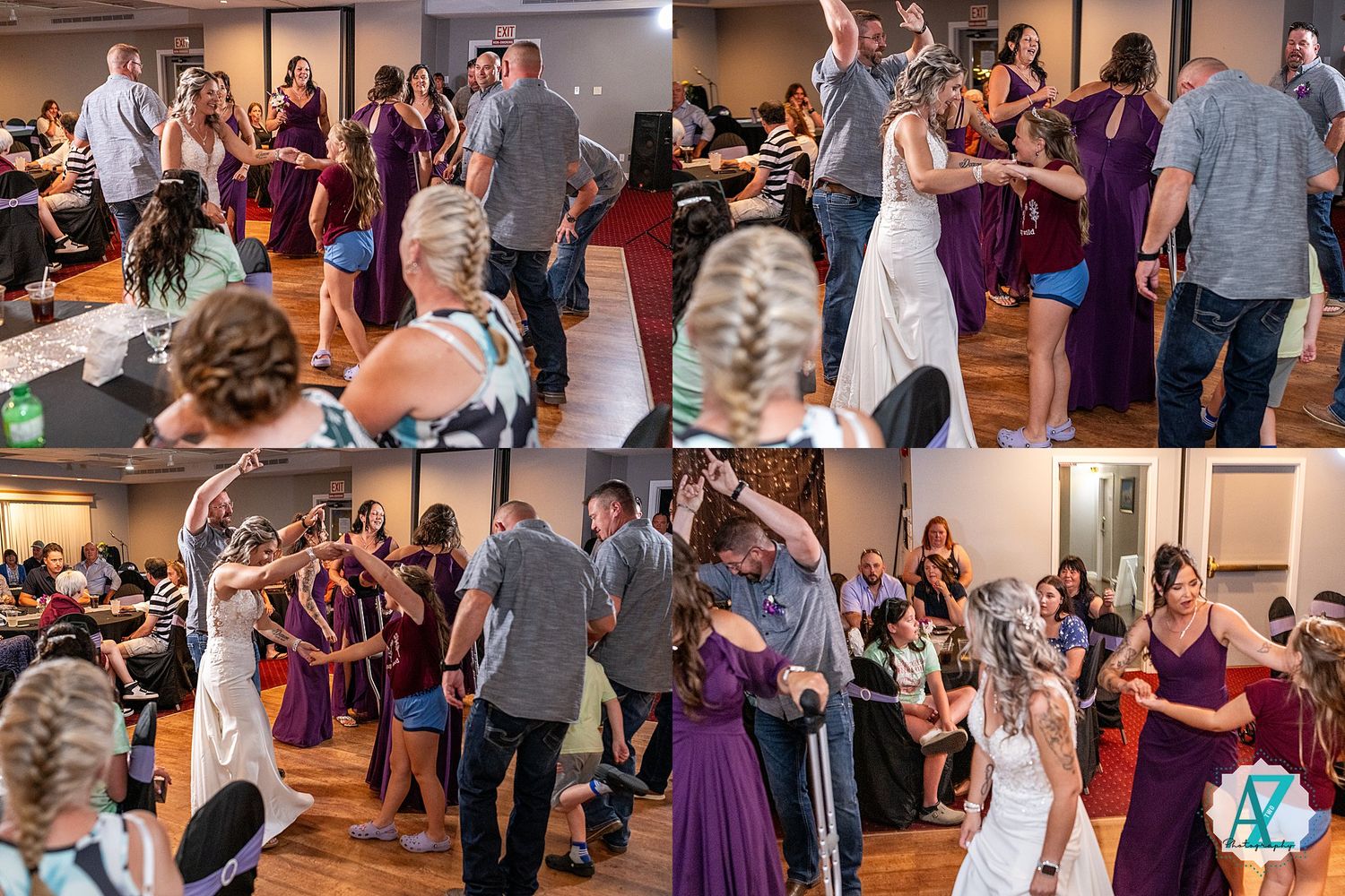 Wedding guests dancing together at a reception showing multiple angles of the lively dance floor celebration.