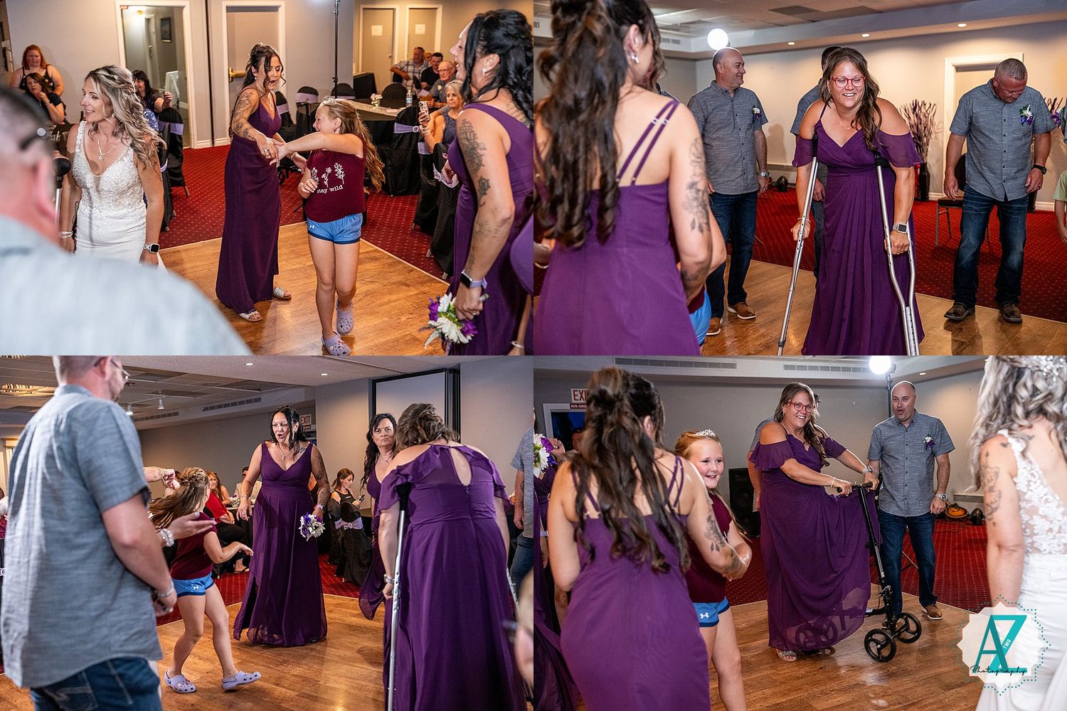 Wedding guests dance and celebrate on a reception dance floor decorated in purple and white decor.