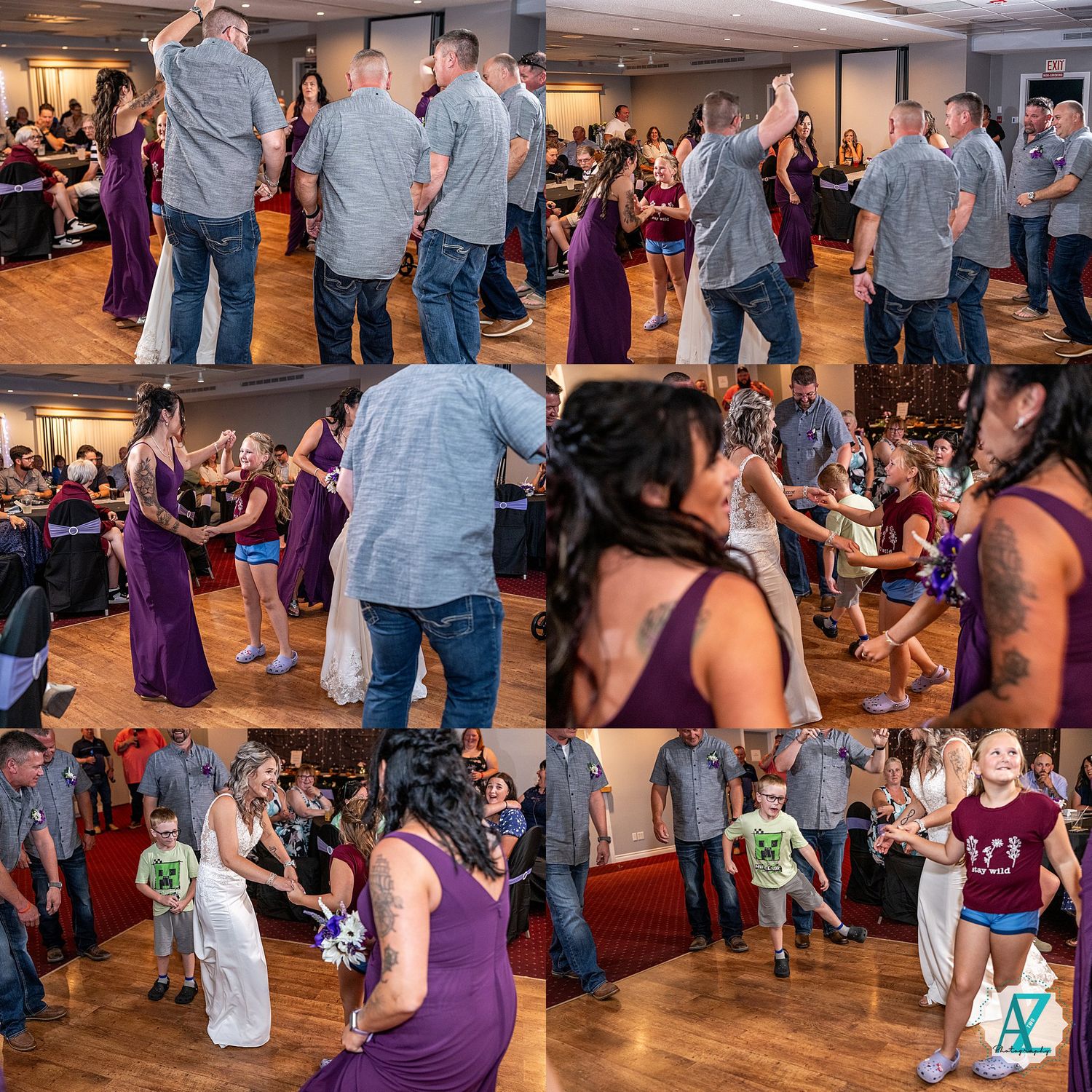Wedding reception party guests dancing and celebrating on a ballroom dance floor with people in purple dresses and gray shirts.
