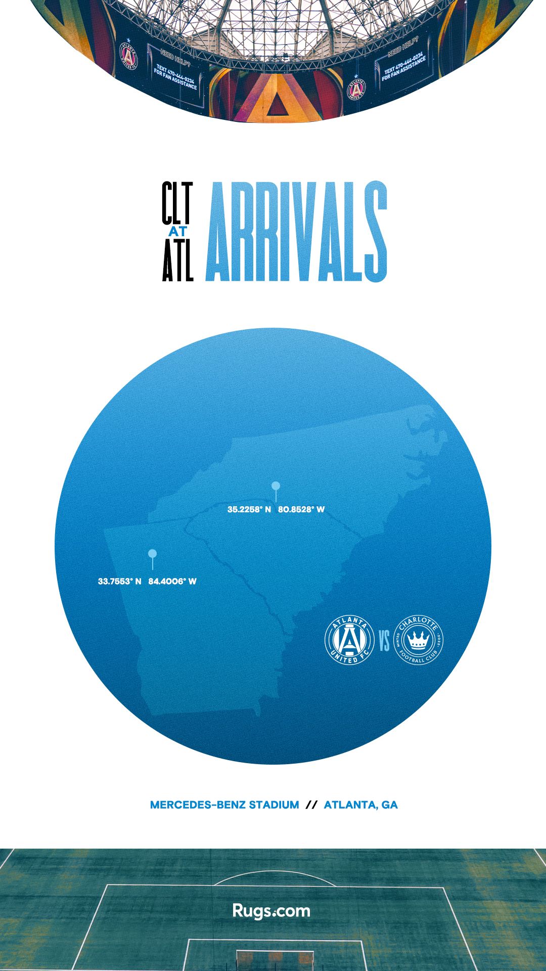 CLT at ATL arrivals graphic showing map coordinates for Charlotte FC vs Atlanta United at Mercedes-Benz Stadium.