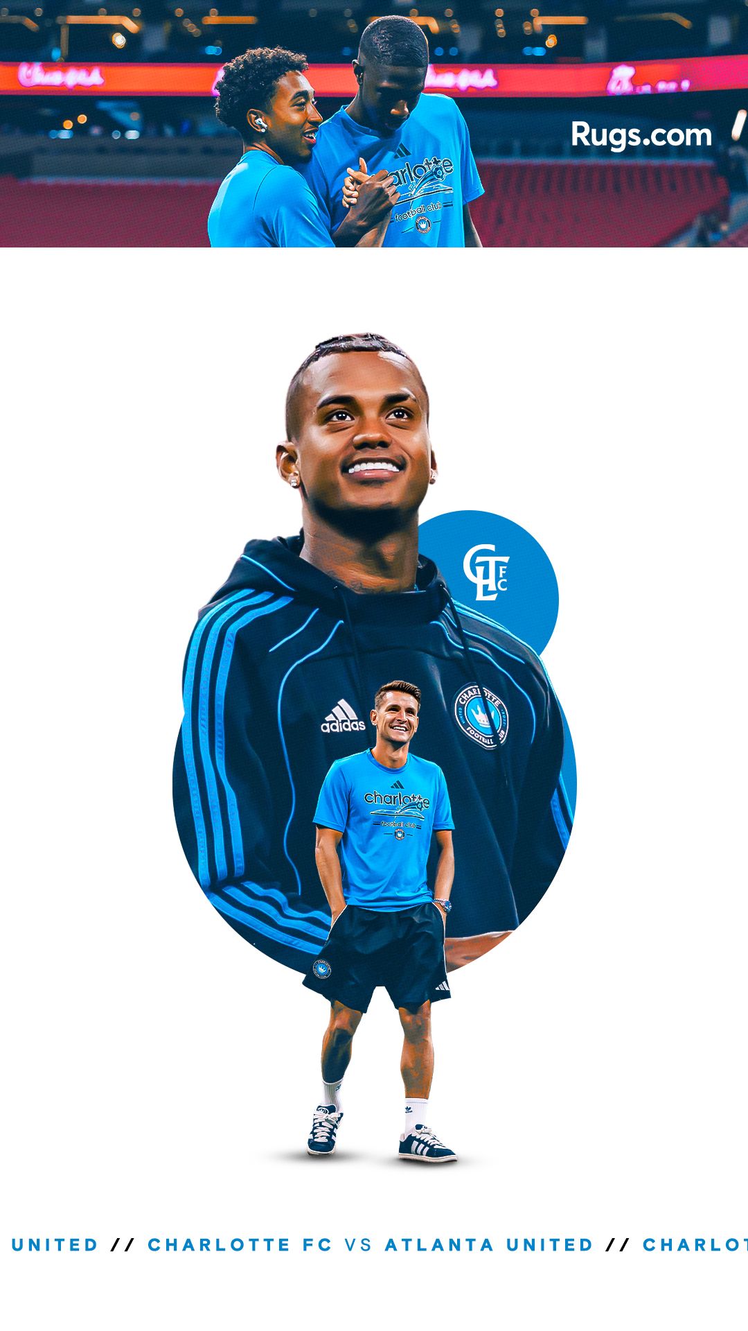 Charlotte FC players in blue Adidas kits warm up before a match against Atlanta United at Bank of America Stadium.