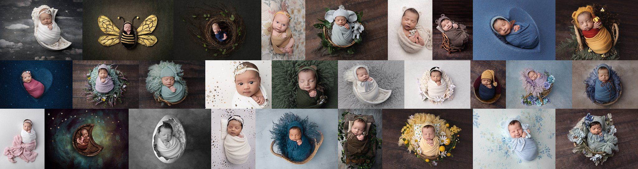 Newborn portrait collage featuring 20 different portraits of babies swaddled and posed in different props.