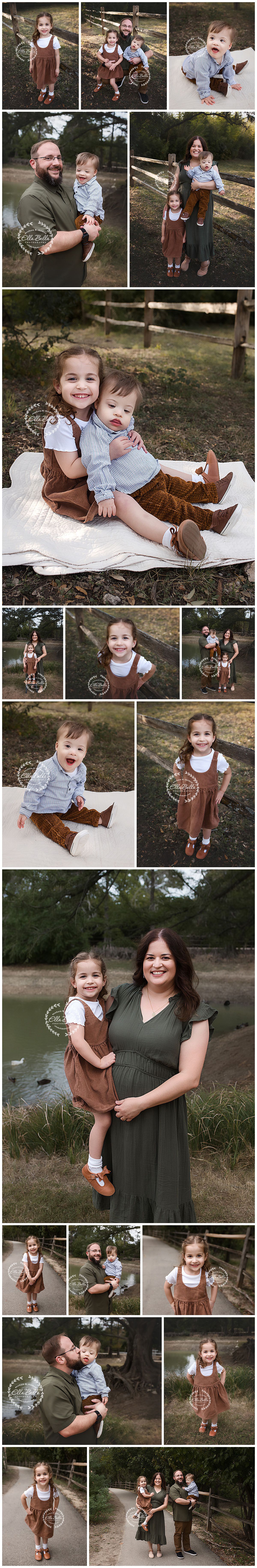A heartwarming family photo session in a rustic outdoor setting featuring coordinated brown and green outfits.