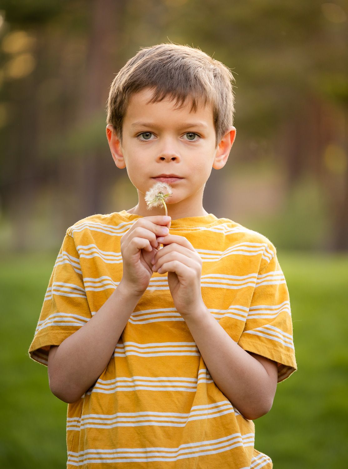 Young child in yellow striped shirt holding a dandelion flower outdoors.
