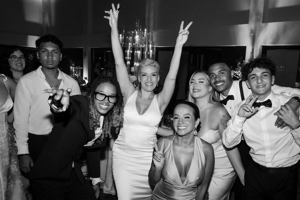 Black and white photo collage showing people celebrating and having fun at what appears to be a party or nightclub.