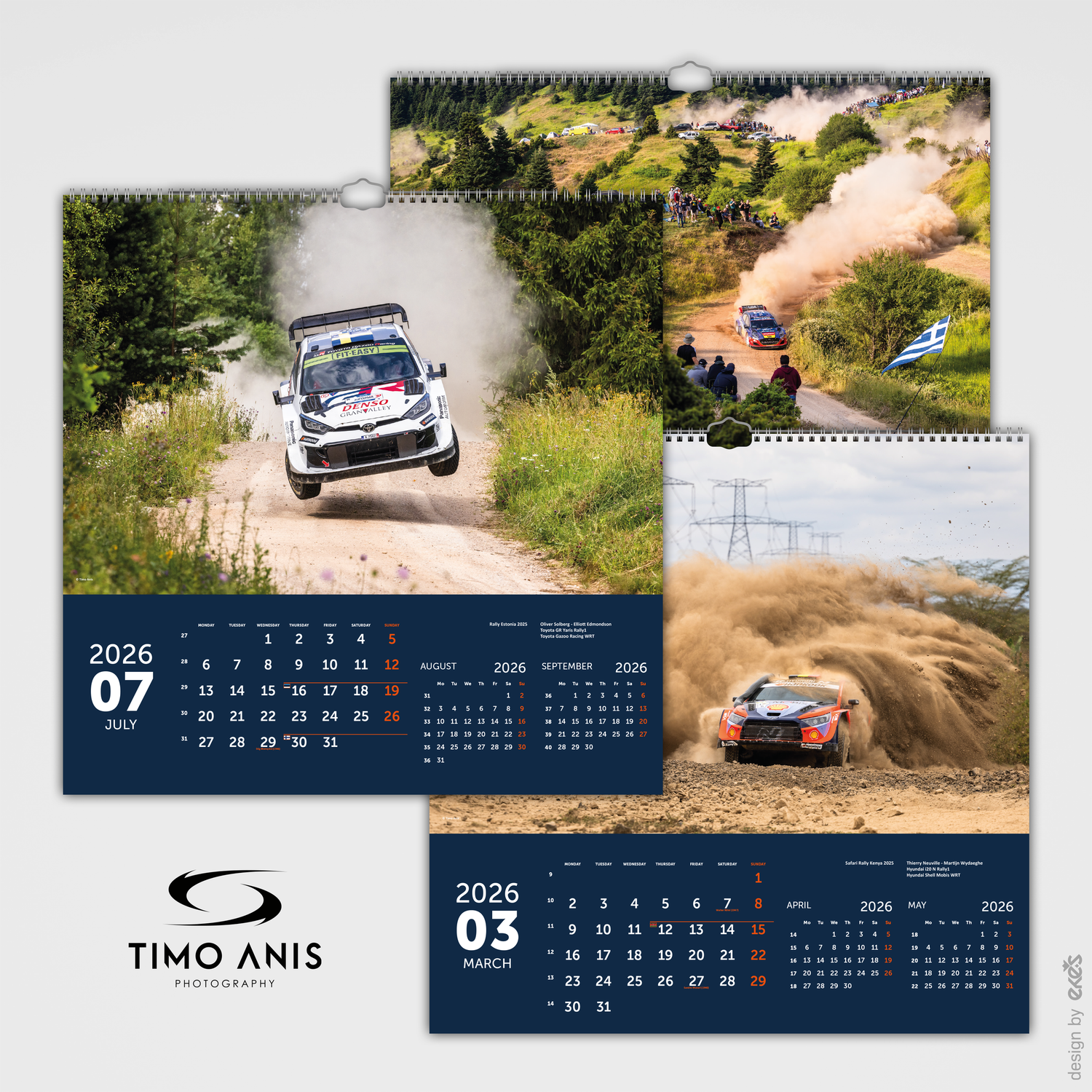 Rally car calendar pages showing dramatic motorsport action shots on coastal roads and forest tracks with Timo Anis branding.