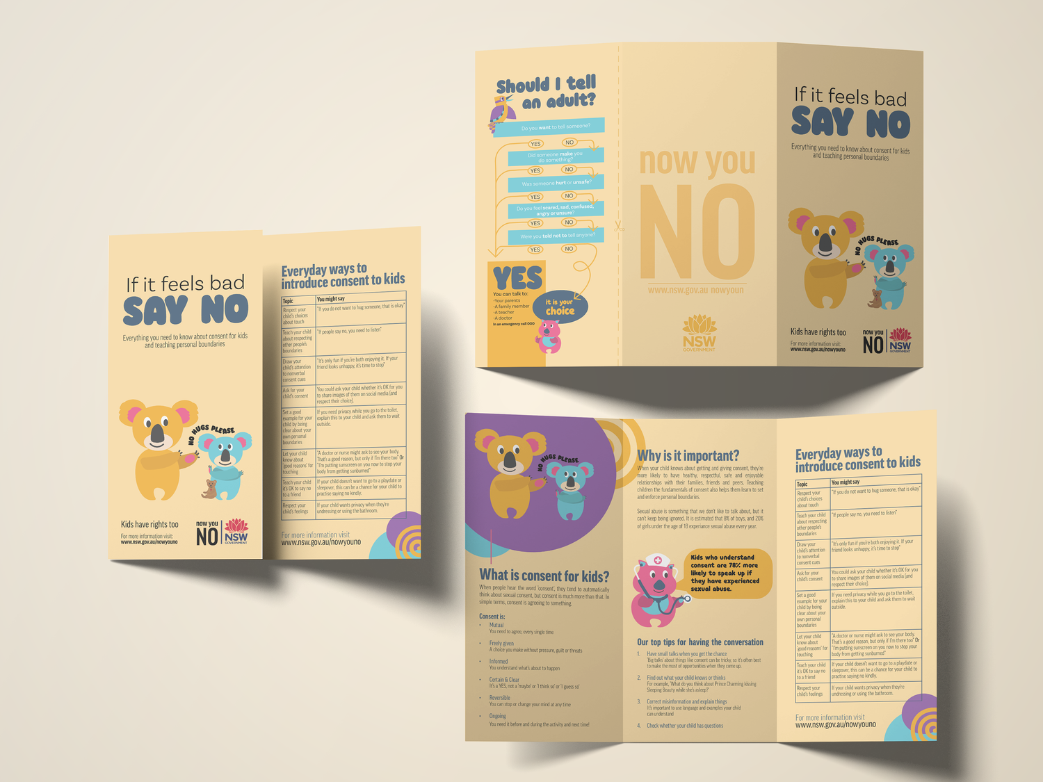Multiple brochures with colorful illustrations and text layouts shown in various angles and arrangements.