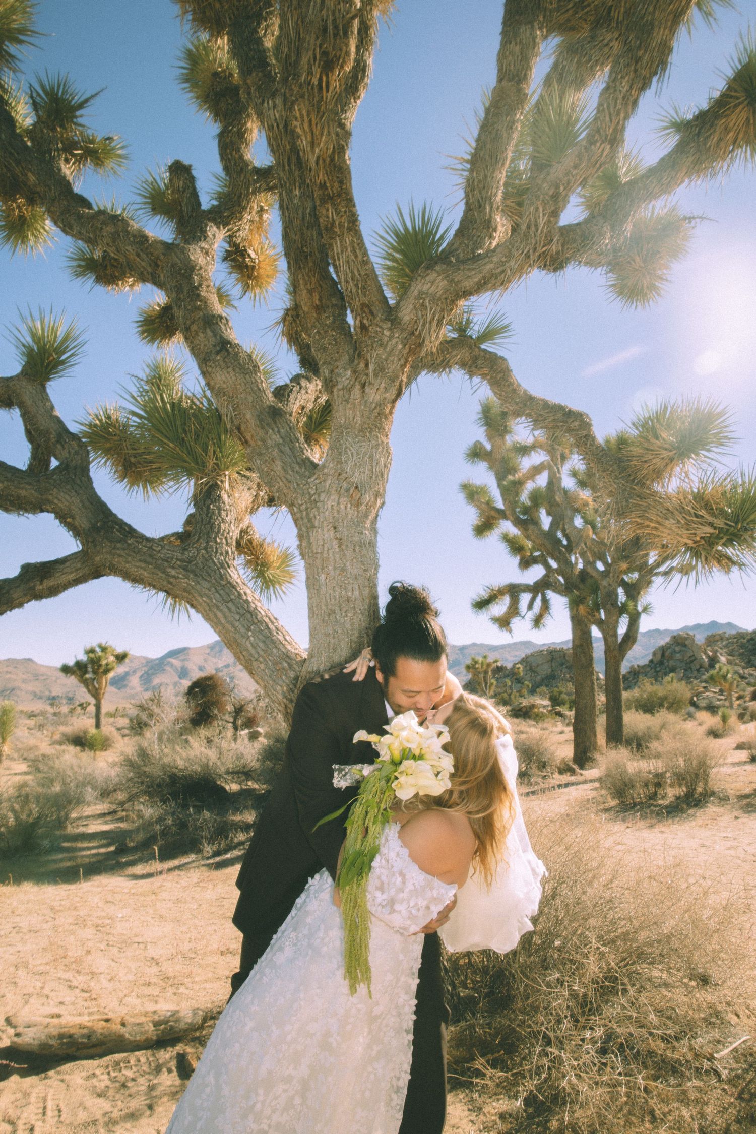 A couple shares a romantic moment in Joshua Tree National Park with sunlight filtering through desert trees.