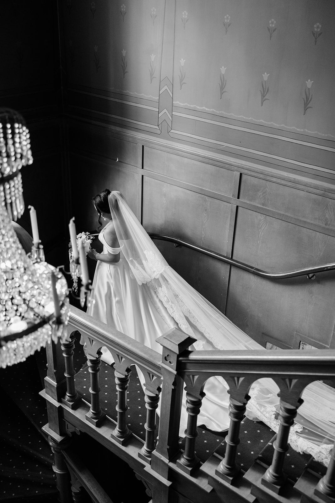 A series of black and white photos showing white draped fabric on wooden church pews in a vintage setting.